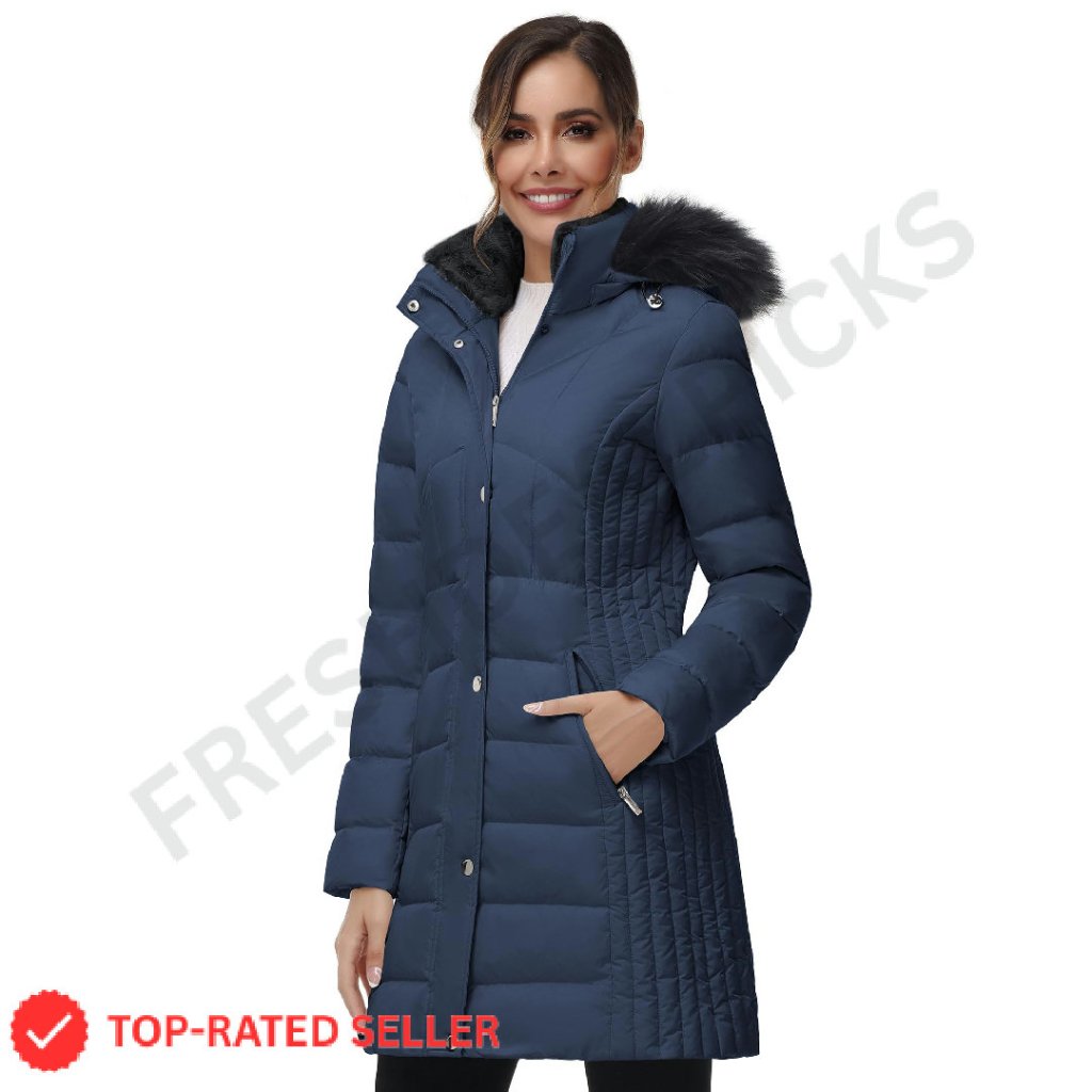 Winter Down Puffer Coat Hooded Mid-Length Jacket Faux Fur Trim Warm